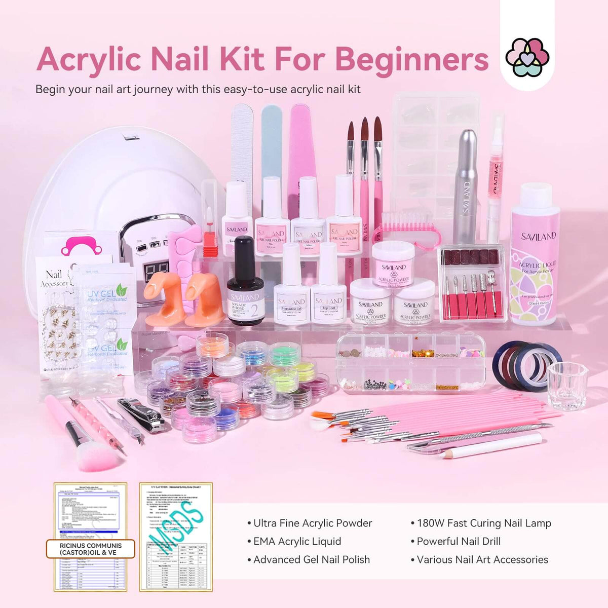 SAVILAND Acrylic Nail Kit with 180W U V Nail Lamp and Drill for Beginners