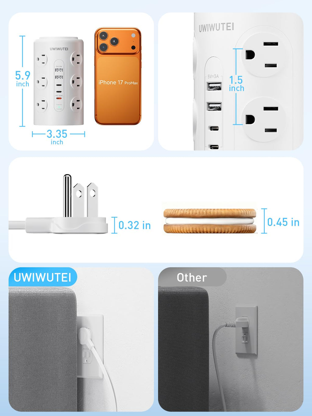 6FT Tower Power Strip with Night Light & Dedicated 20W PD USB‑C Port