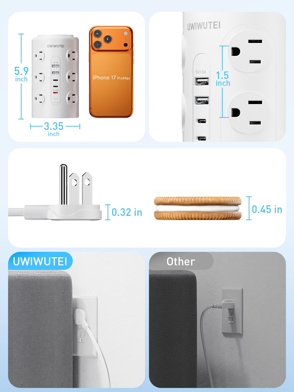 6FT Tower Power Strip with Night Light & Dedicated 20W PD USB‑C Port