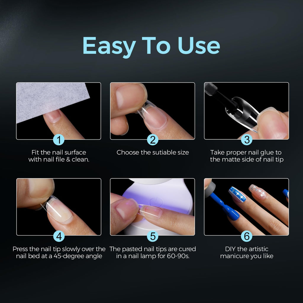 TOMICCA Extra Long Stiletto Nail Tips XXL 504pcs Clear Half Cover No C Curve Nail Tips, 12 Sizes Matte False Nails for DIY & Salon, Beginners & Professionals