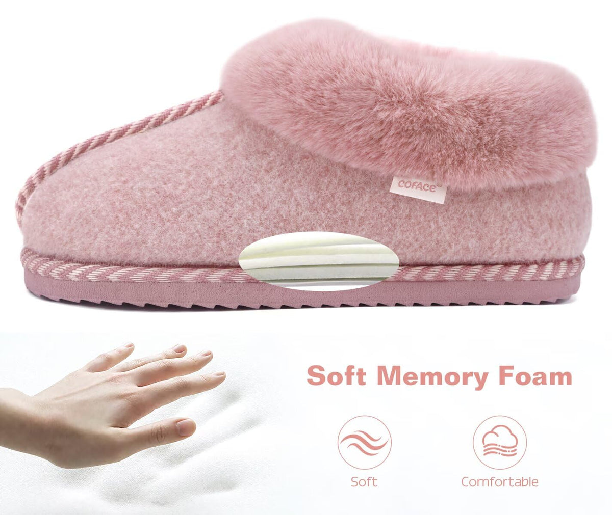 COFACE Women Bootie Slippers with Faux Fur Shearling Fluff Fuzzy Warm Collar Cuff Comfortable Cloud Memory Foam Cute Cozy Comfy Felt Upper for 2026 Winter Bedroom House Home Outdoor Pink Size 8.5