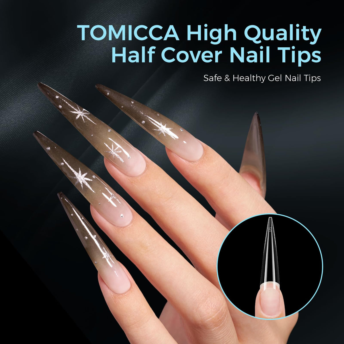 TOMICCA Extra Long Stiletto Nail Tips XXL 504pcs Clear Half Cover No C Curve Nail Tips, 12 Sizes Matte False Nails for DIY & Salon, Beginners & Professionals