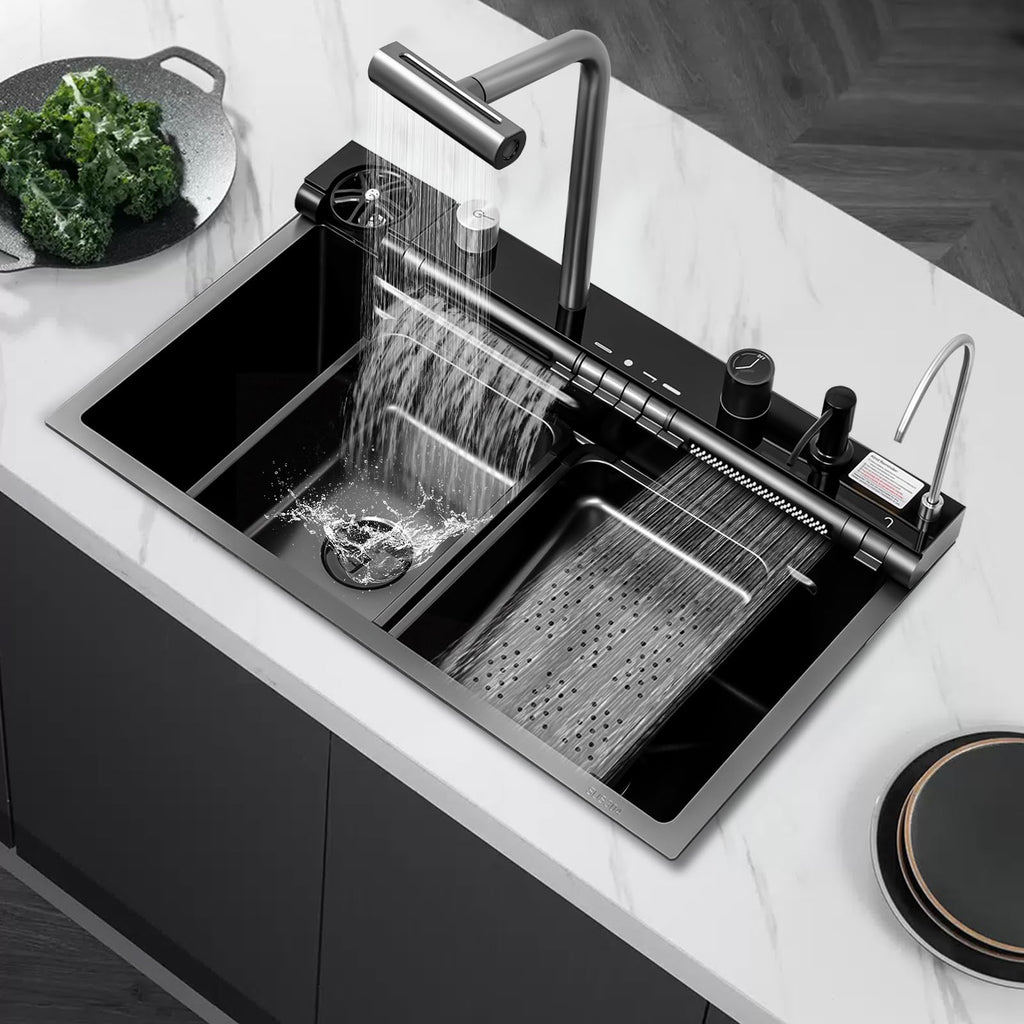30x18 Dual Waterfall Kitchen Sink,Modern Kitchen Sink with 4 in 1 Faucet,Black Stainless Steel Single Bowl Digital Smart Sink with Pull-Out Faucet,Multifunctional Workstation Sinks with Nano Honeycomb