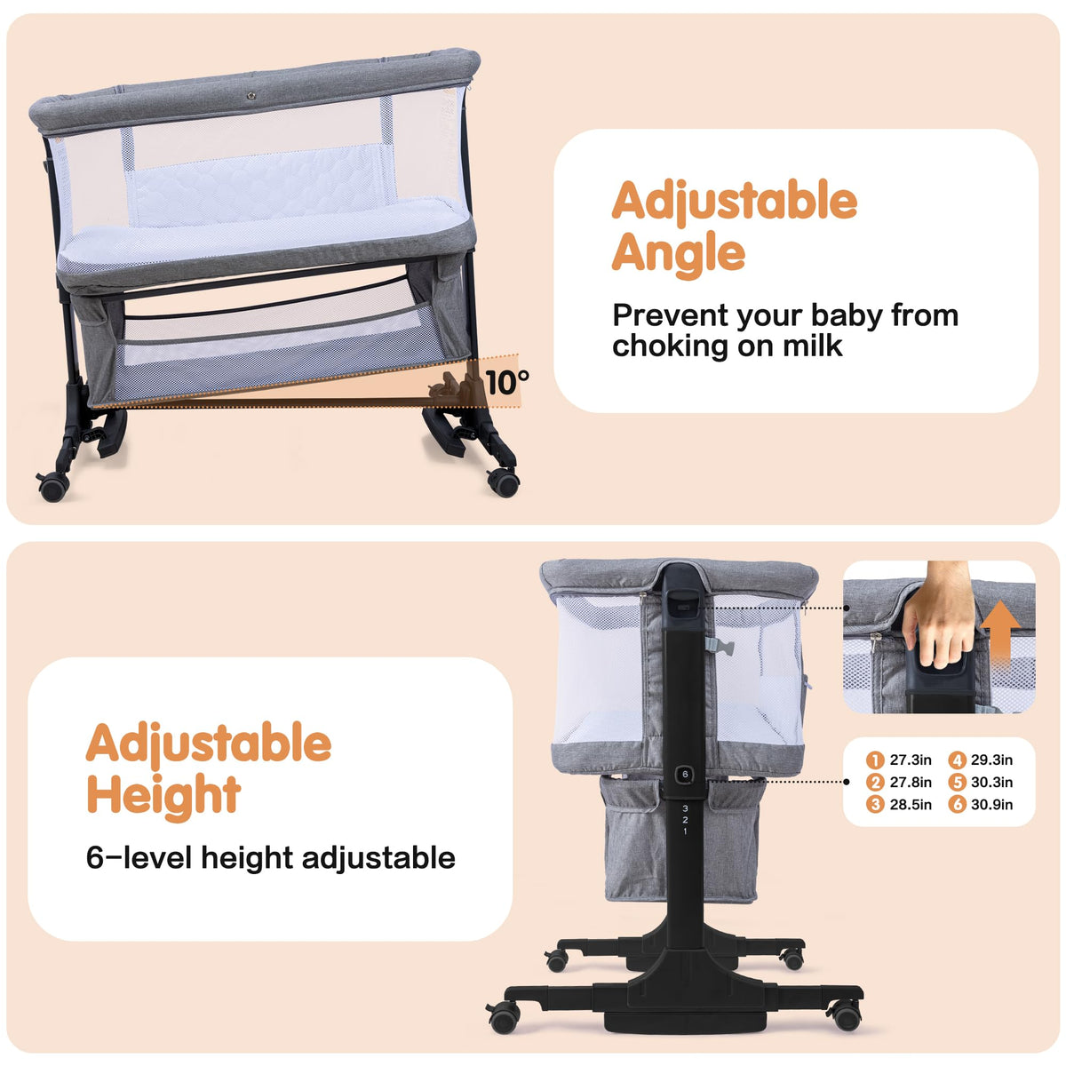 CAPAKIDDO 4-in-1Bedside Bassinet Sleeper, 6 Height, Mesh, Washable Mattress
