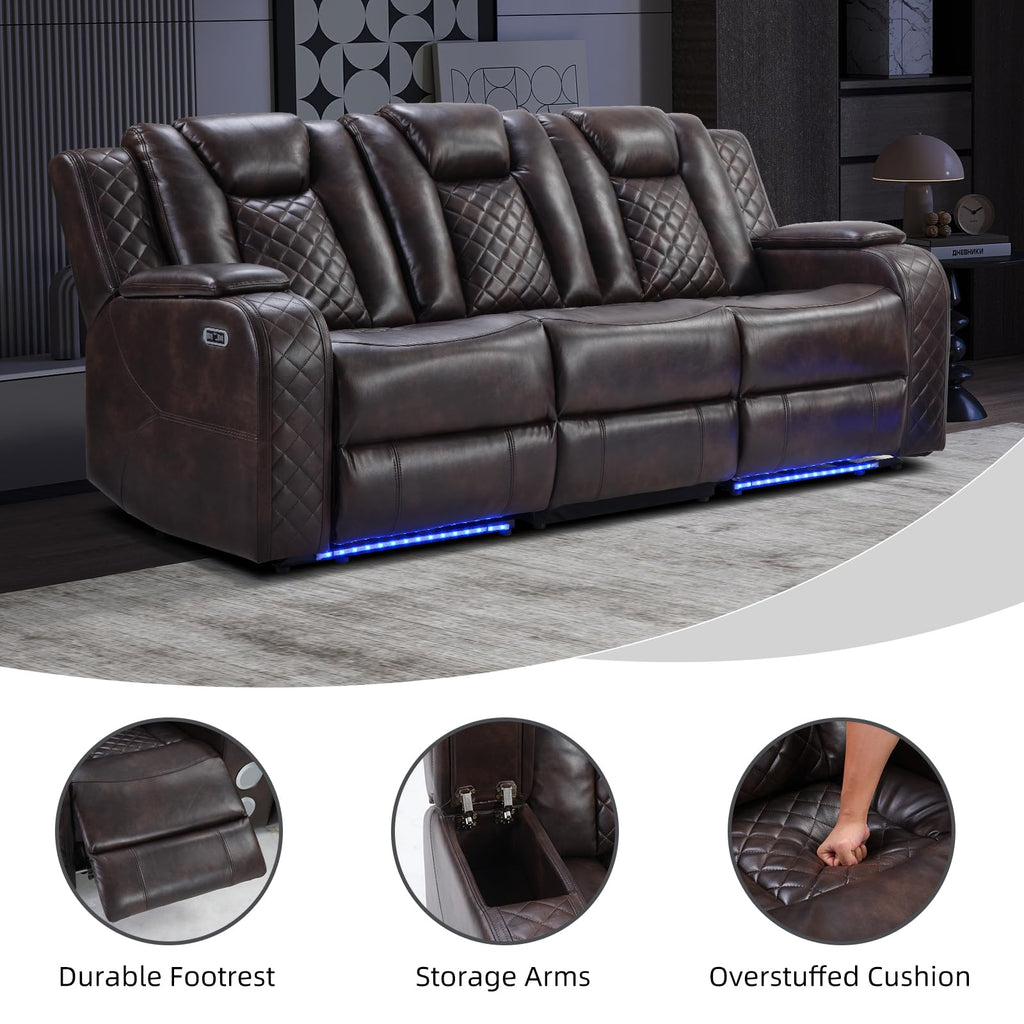 CANMOV Home Theater Seating with Adjustable Headrest with LED Lights, 3 Seat Power Reclining Sofa with Flip Backrest Design, Wireless Charger, Cup Holders, Reading Light and USB Charging Ports, Brown