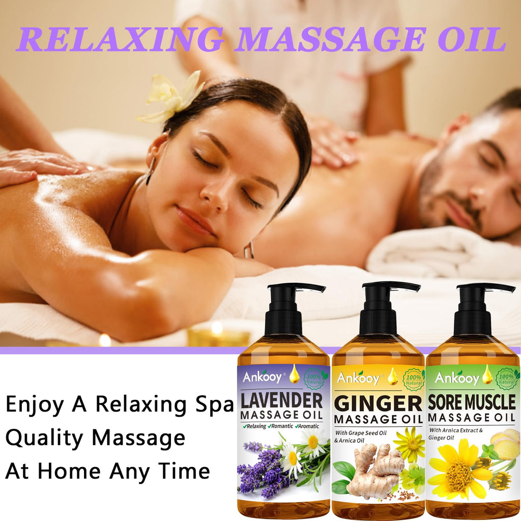 3 Pack Massage Oil for Massage Therapy,Sore Muscle Arnica Oil & Relaxing Lavender Oil & Ginger Oil Lymphatic Drainage & Massage Ball,Massage Kit Gifts for Women Men,Spa Gifts Birthday Gifts for Women