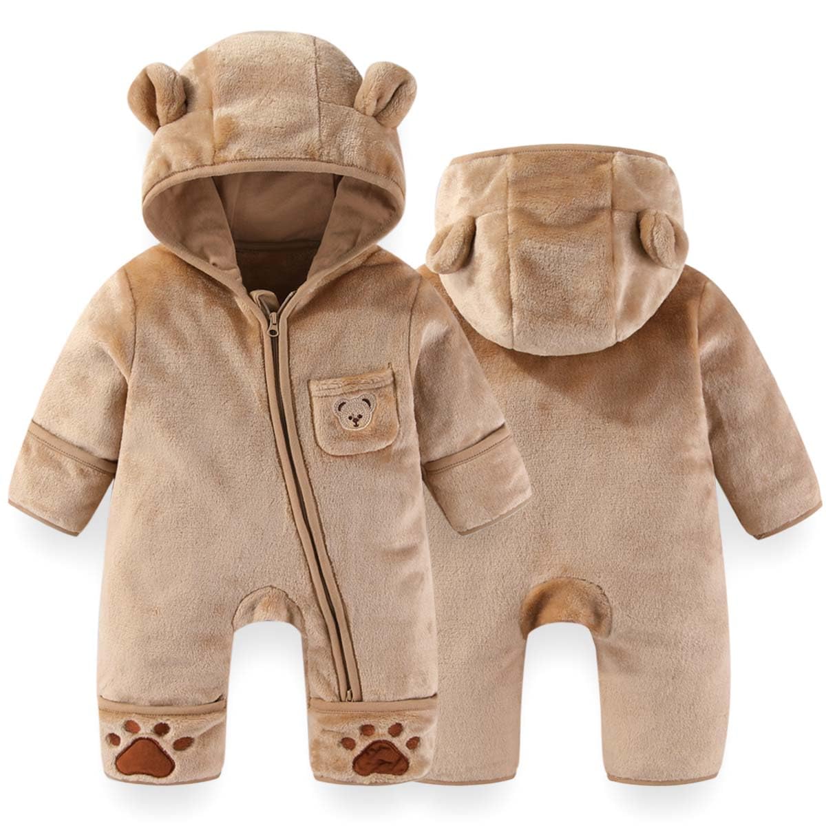 Fairy Baby Newborn Baby Winter Snowsuit Cute Bear Outfit One-Piece Hooded Romper Fleece Jumpsuit Fluffy Outwear Infant Girls Boys Brown 0-3M