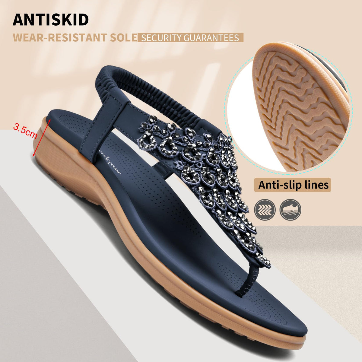 Littleplum Womens Sandals Arch Support Slingback Rhinestone Dressy Sandals Comfort Summer Shoes Ankle Strap Elastic Flats for Beach Walking Chic Blue Size 8.5
