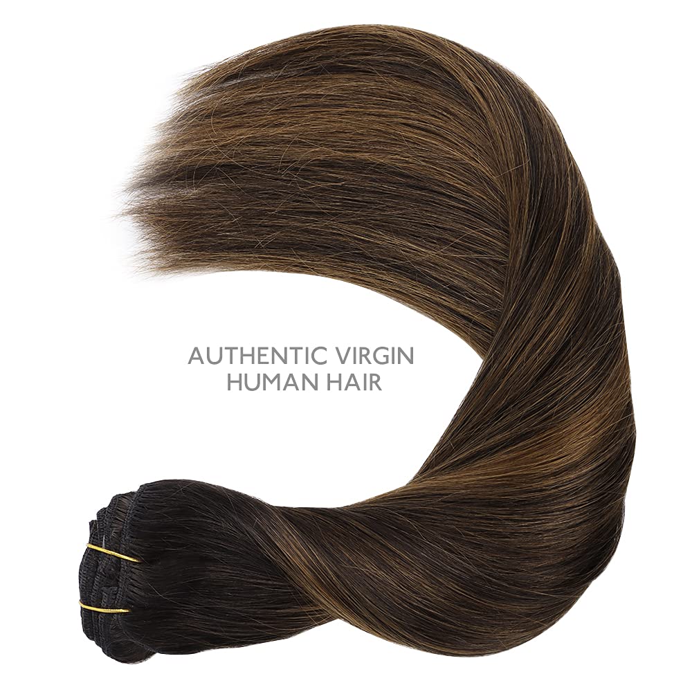 WENNALIFE Clip in Hair Extensions, 150g 18 Inch 9pcs Balayage Dark Brown to Chestnut Brown Remy Hair Thicker Double Weft Extensiones De Cabello Humano Con Clip Ins Straight Full Volume