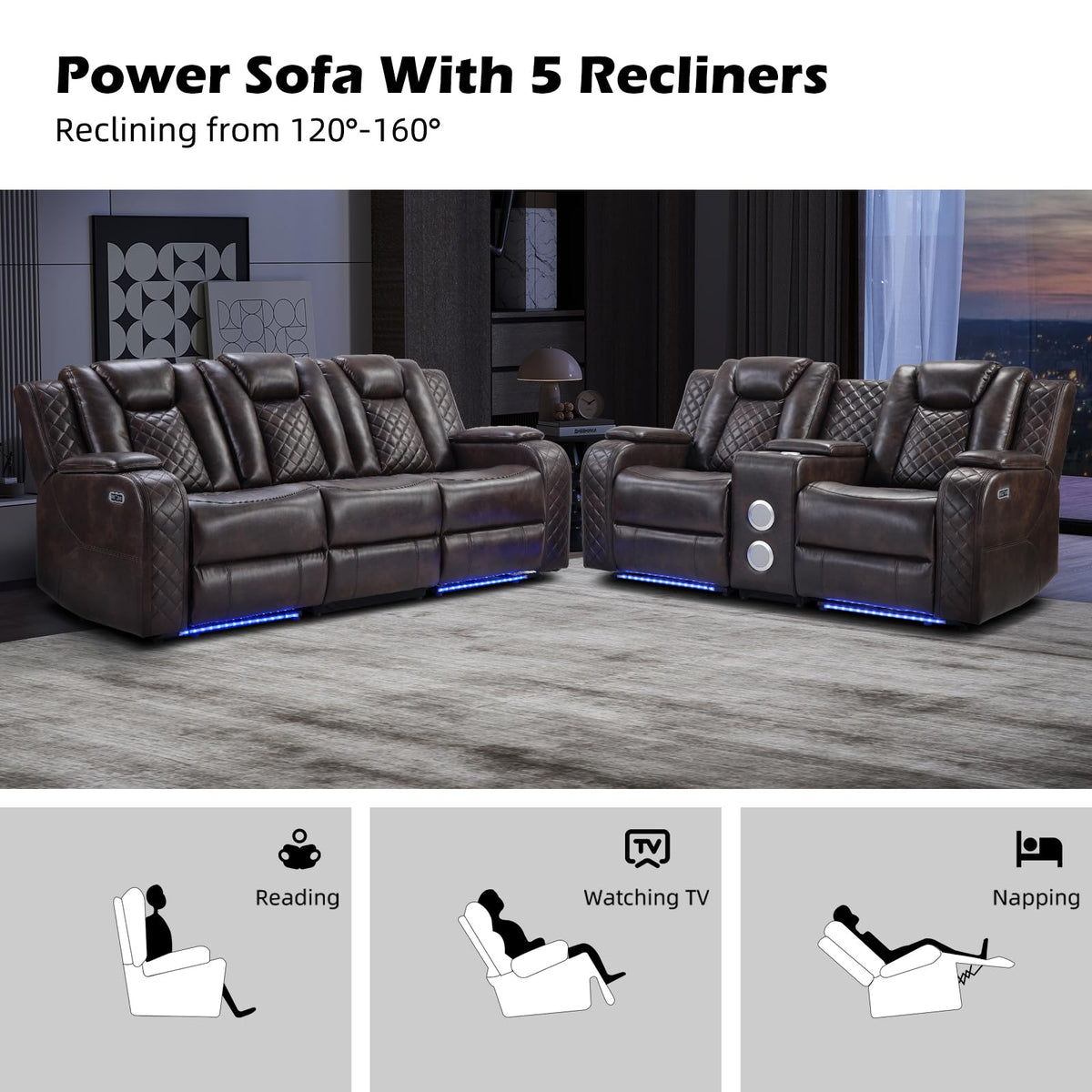 CANMOV Home Theater Seating with Adjustable Headrest with LED Lights, 3 Seat Power Reclining Sofa with Flip Backrest Design, Wireless Charger, Cup Holders, Reading Light and USB Charging Ports, Brown