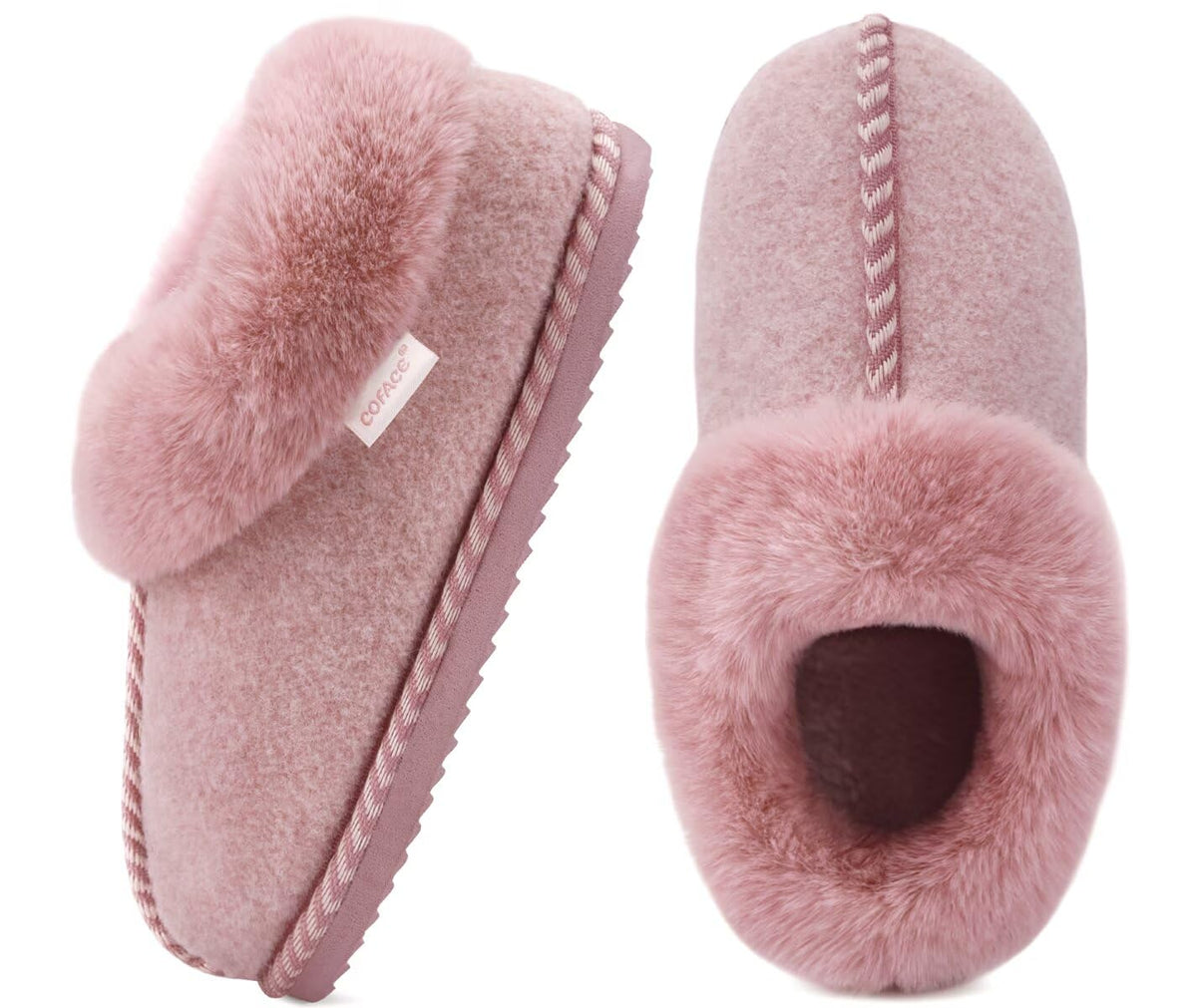 COFACE Women Bootie Slippers with Faux Fur Shearling Fluff Fuzzy Warm Collar Cuff Comfortable Cloud Memory Foam Cute Cozy Comfy Felt Upper for 2026 Winter Bedroom House Home Outdoor Pink Size 8.5