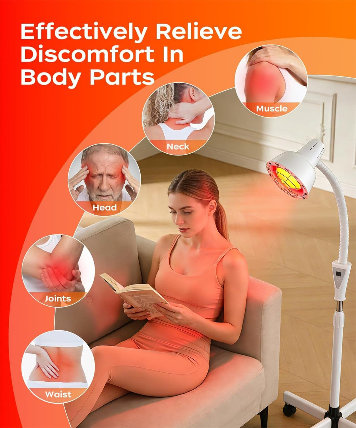 275W Infrared Light Therapy Lamp - Red Near Infrared Heat Lamp for Joint Muscle Pain, Adjustable Standing Lamp Head with Freely Adjustable Temperature