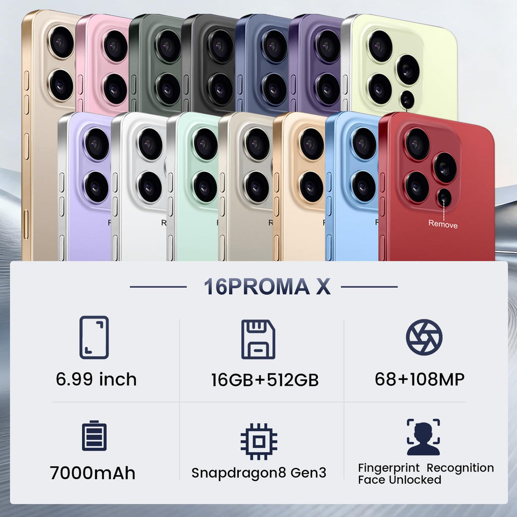 Nawfait 16 PM Smartphone Unlocked Cell Phone, 6.99“ HD Screen5G Phone, 16+512GB phoneunlocked, Android 14.0, 68+108MP Zoom Camera, Fingerprint Button Unlock-and take Photos (Gold)