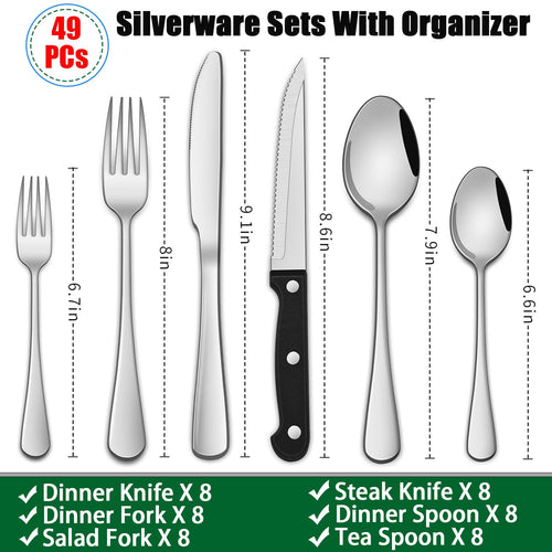 49 Pieces Silverware Sets With Organizer And Steak Knives, Stainless Steel Flatware Sets Service For 8 Person, Tableware Cutlery Sets, Includes Knife Spoon and Forks Sets