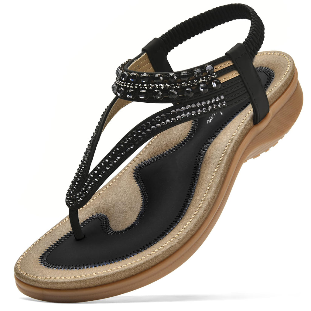 Littleplum Womens Sandals Arch Support Slingback Rhinestone Dressy Sandals Comfort Summer Shoes Ankle Strap Elastic Flats for Beach Walking Elegant Black Size 8