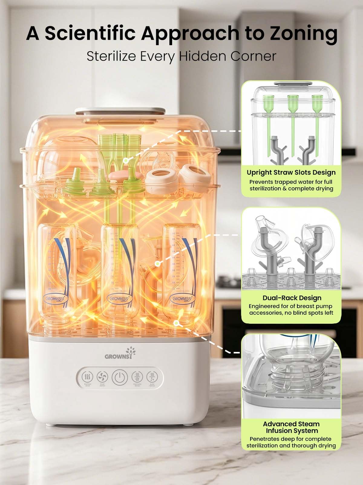 GROWNSY Baby Bottle Sterilizer and Dryer, 3-Tier, with Travel Kit