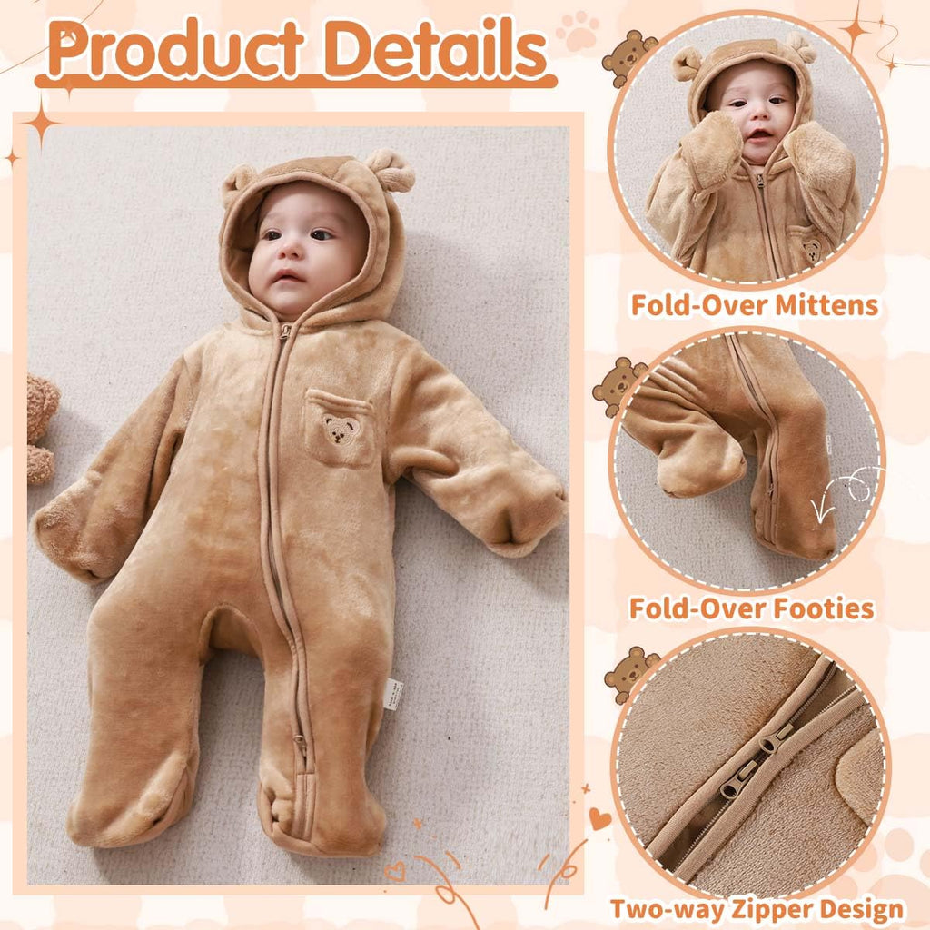 Fairy Baby Newborn Baby Winter Snowsuit Cute Bear Outfit One-Piece Hooded Romper Fleece Jumpsuit Fluffy Outwear Infant Girls Boys Brown 0-3M