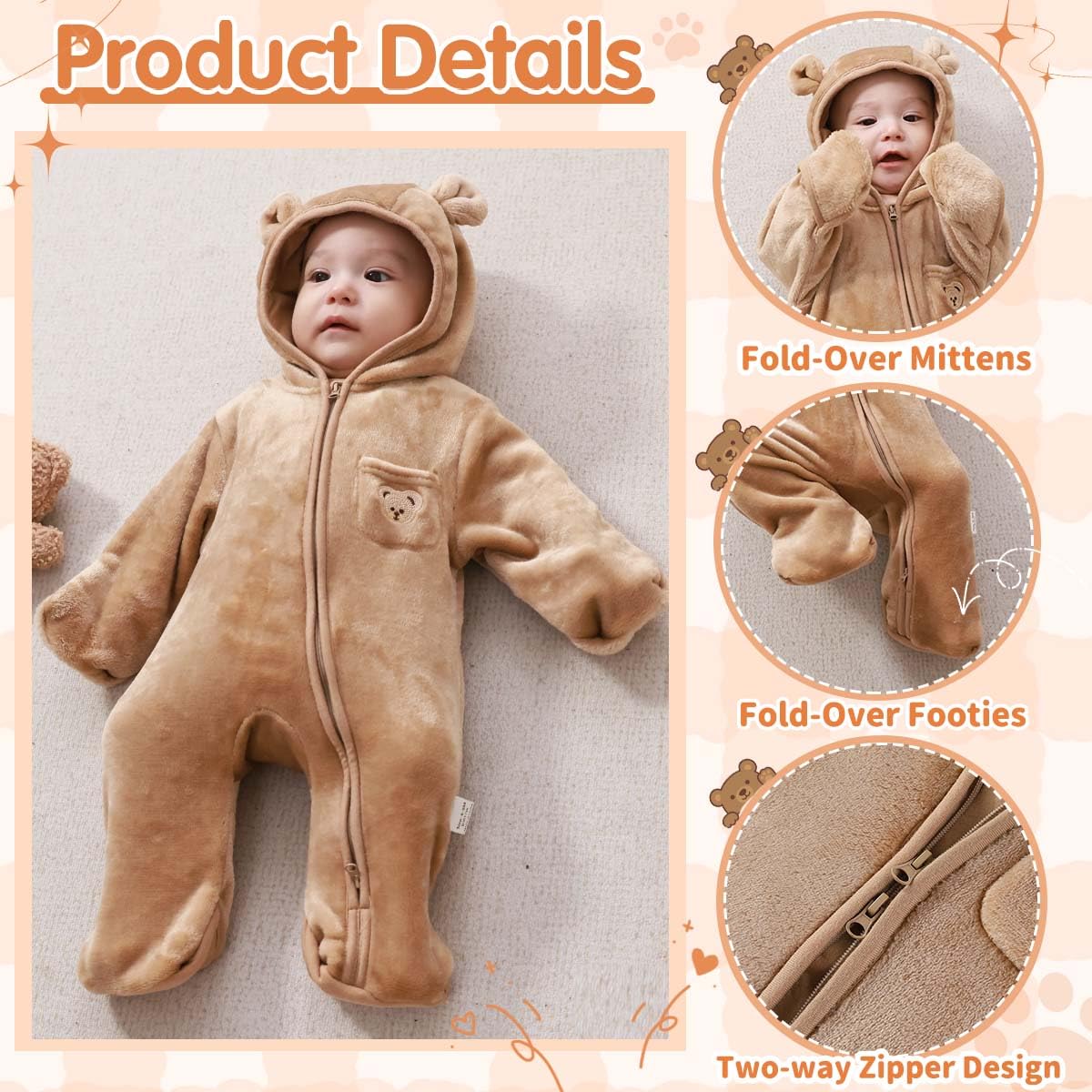 Fairy Baby Newborn Baby Winter Snowsuit Cute Bear Outfit One-Piece Hooded Romper Fleece Jumpsuit Fluffy Outwear Infant Girls Boys Brown 0-3M