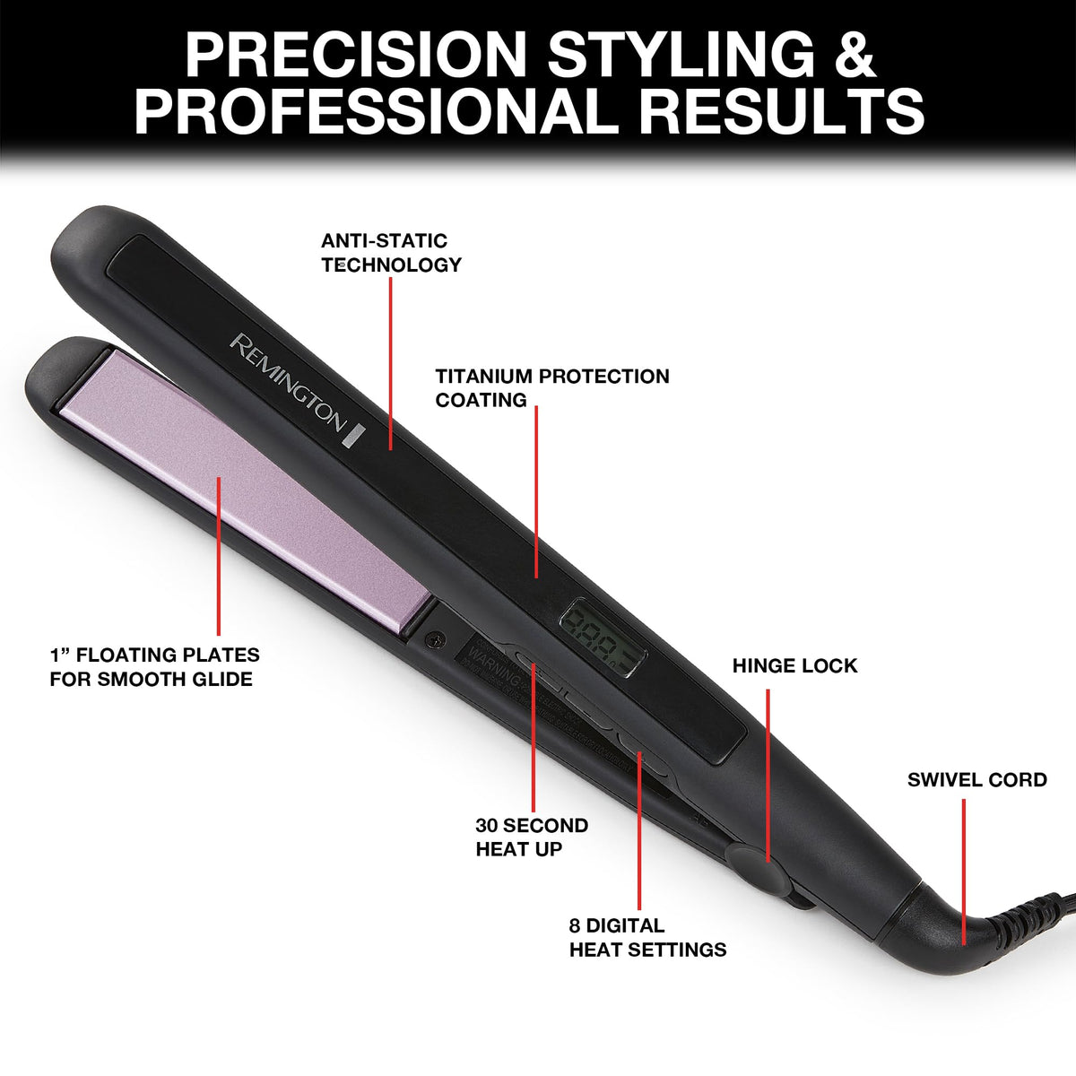 Remington 1" Flat Iron Hair Straightener, Anti-Static Technology, 30%