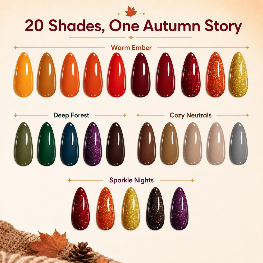 Beetles Fall Gel Nail Polish Set, 20 Colors Orange Yellow Brown