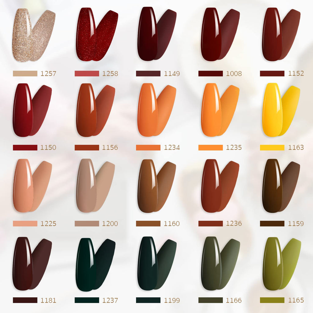 GAOY 23 Pcs Fall Gel Nail Polish Set, 20 Brown Red Green Glitter Colors