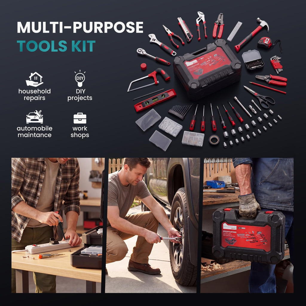 DUMOS 330-Piece Complete Homeowners Tool Box Set,Small Tool Kit for Home