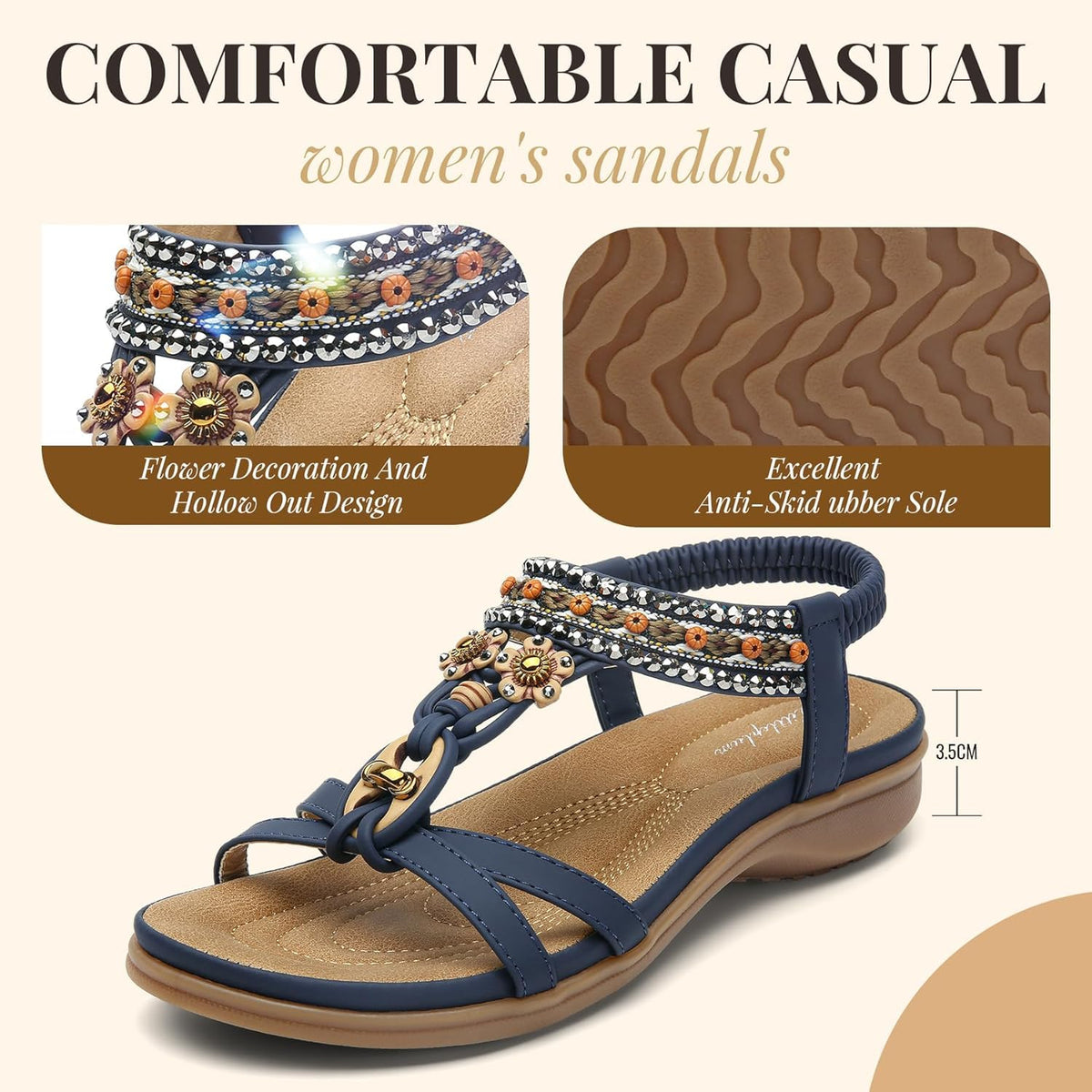 Littleplum Womens Sandals Arch Support Bohemian T-Strap Flower Rhinestone Sandals Women's Non Slip Summer Beach Flat Sandals Blue Size 10