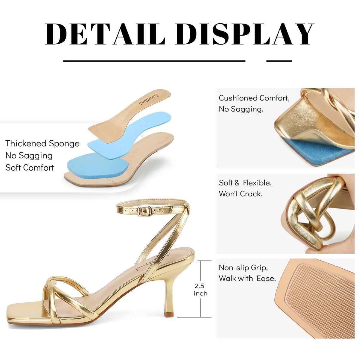 AIUNIIND Kitten Low Heel Sandals for Women, Strappy Square Open Toe Shoes