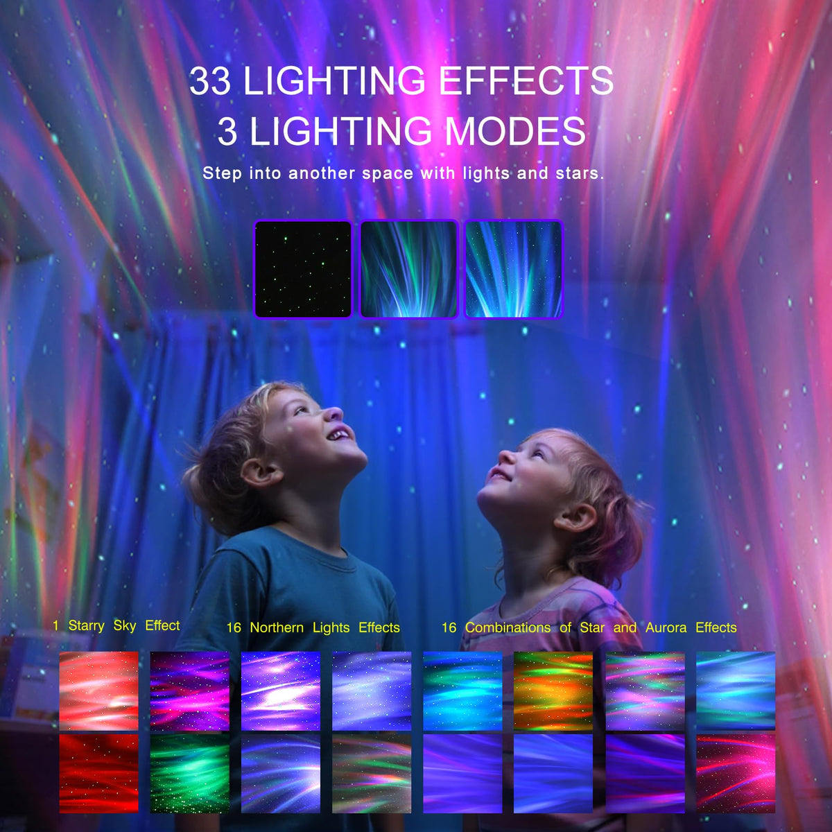 Northern Galaxy Light Aurora Projector with 33 Light Effects, Night Lights LED Star Projector for Bedroom Nebula Lamp, Remote Control, White Noises, Bluetooth Speaker for Parties Black