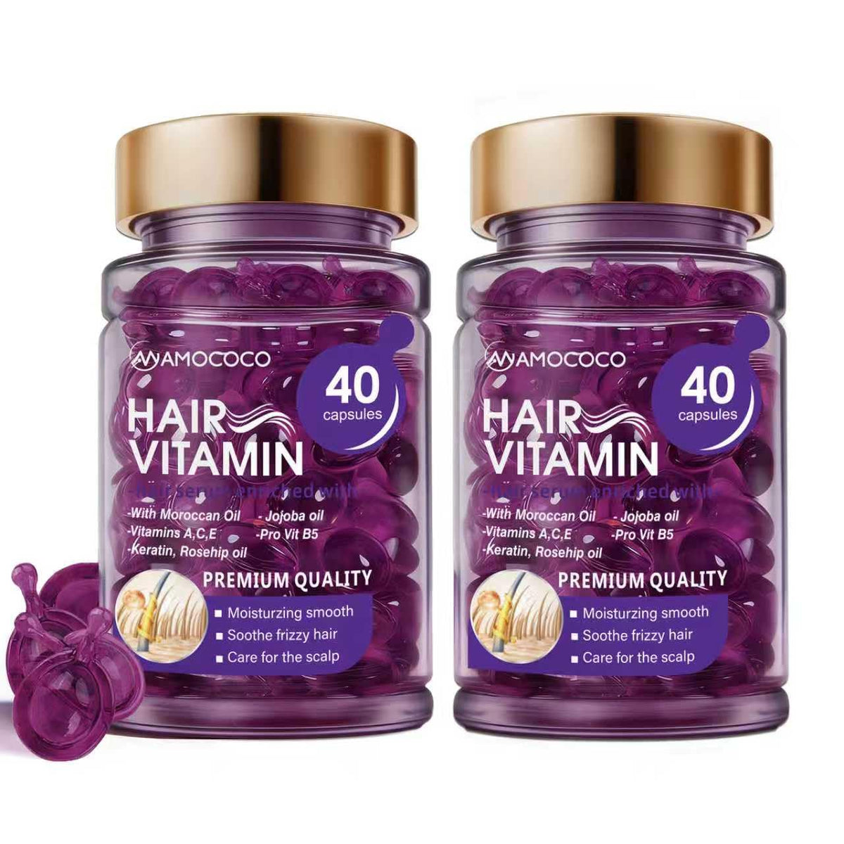 Amococo 2Packs Hair Oil 40 Capsules with Keratin, Argan Oil & Jojoba Oil, Nourishing & Strengthening Hair for Dry, Damaged Hair, Frizz Control & Softness for Women & Men