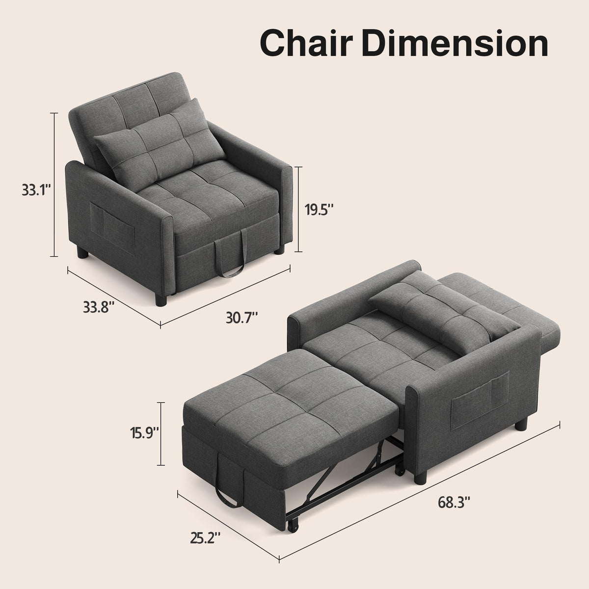 Ahomly Convertible Sofa Chair Bed, 3-in-1 Linen Pull Out Chair, Dark Gray