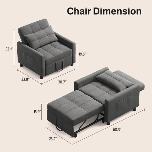 Ahomly Convertible Sofa Chair Bed, 3-in-1 Linen Pull Out Chair, Dark Gray