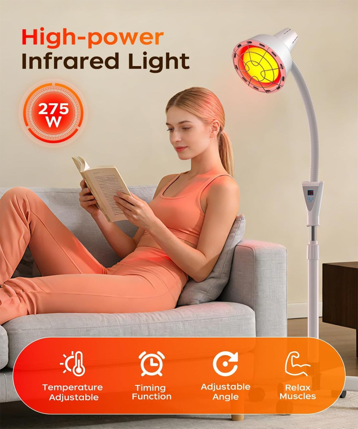 275W Infrared Light Therapy Lamp - Red Near Infrared Heat Lamp for Joint Muscle Pain, Adjustable Standing Lamp Head with Freely Adjustable Temperature