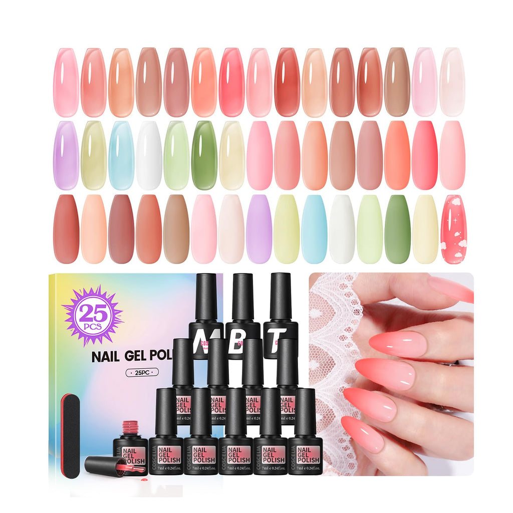 COSCELIA Jelly Gel Nail Polish 22 Colors with 3PCS Base Top Coat Translucent Pastel Nude Pink Green U V Gel Polish Soak Off Nail Gel Kit for Salon Home Nail Art