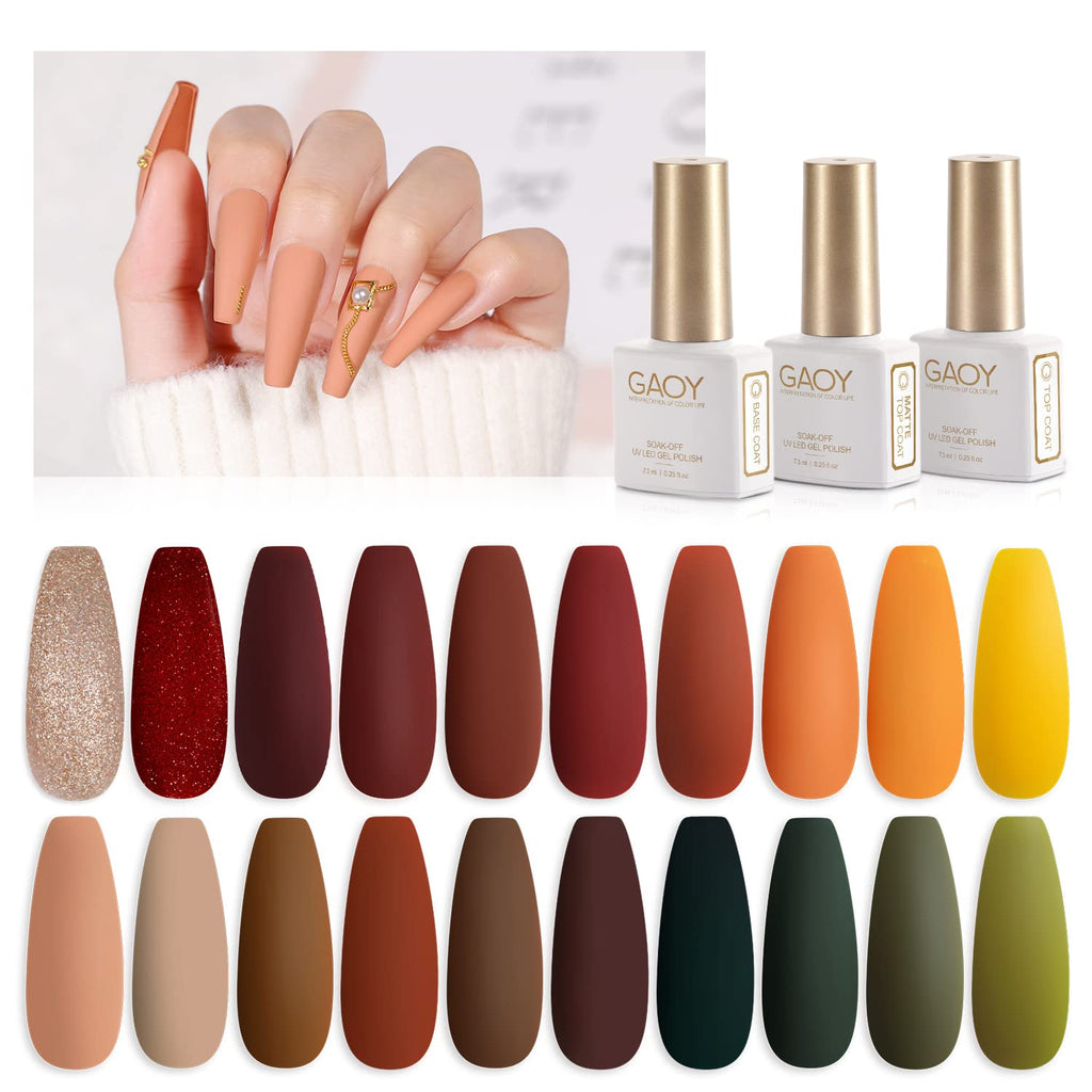 GAOY 23 Pcs Fall Gel Nail Polish Set, 20 Brown Red Green Glitter Colors