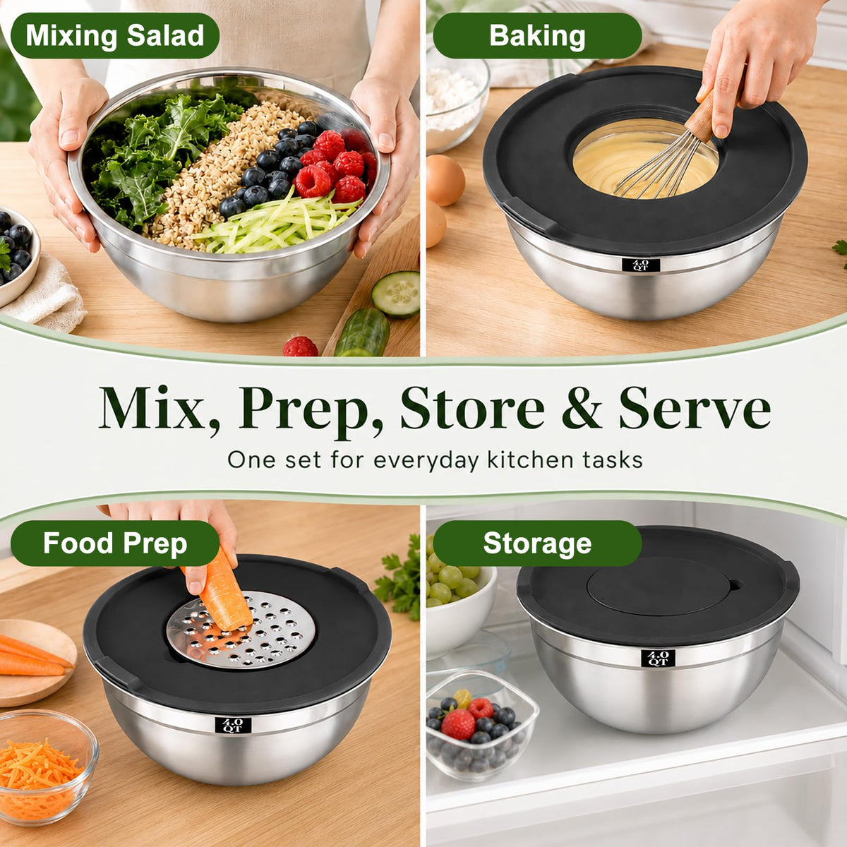 Boskermeal 8PCS Mixing Bowls with Lids Set - 5 Nesting Mixing Bowls, 3 Grater Attachments, Lids, Stainless Steel Mixing Bowls for Mixing & Serving, Size 1.5/2.1/3.5/4/4.5 QT, Black