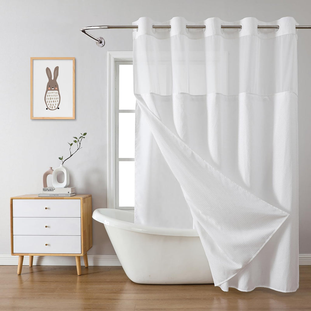 eachope No Hook Waffle Shower Curtain with Snap-in Liner, 71x74 Inch, White