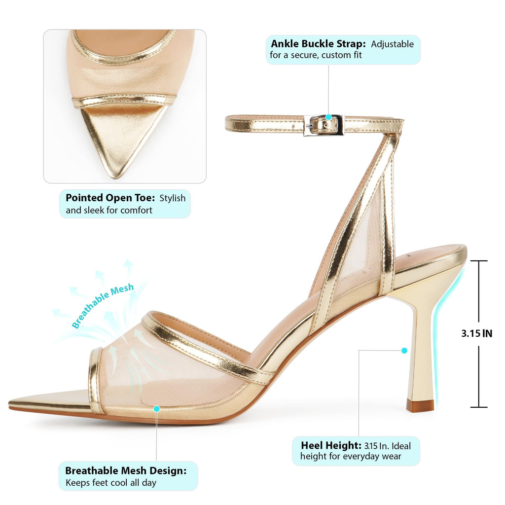 LACIKOSZ Gold Sandals Women Strappy High Heels Dress Sandals Women Mesh Heels Sexy Gold Shoes