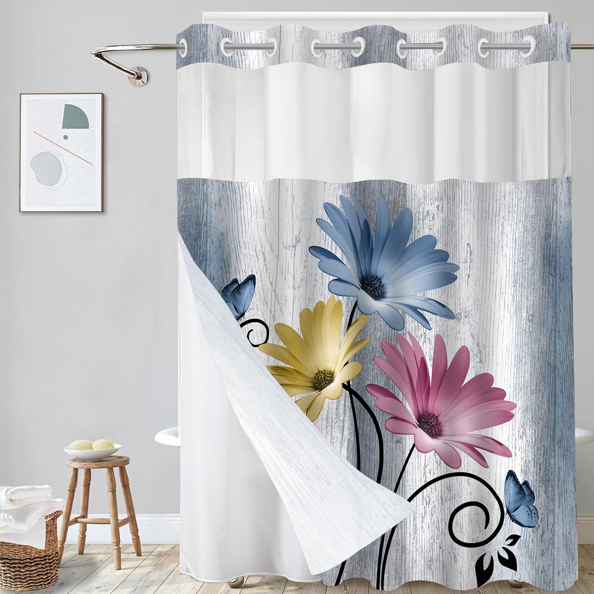 Hookless Shower Curtain with Snap in Liner, Blue Colorful Floral, 72W x 75L
