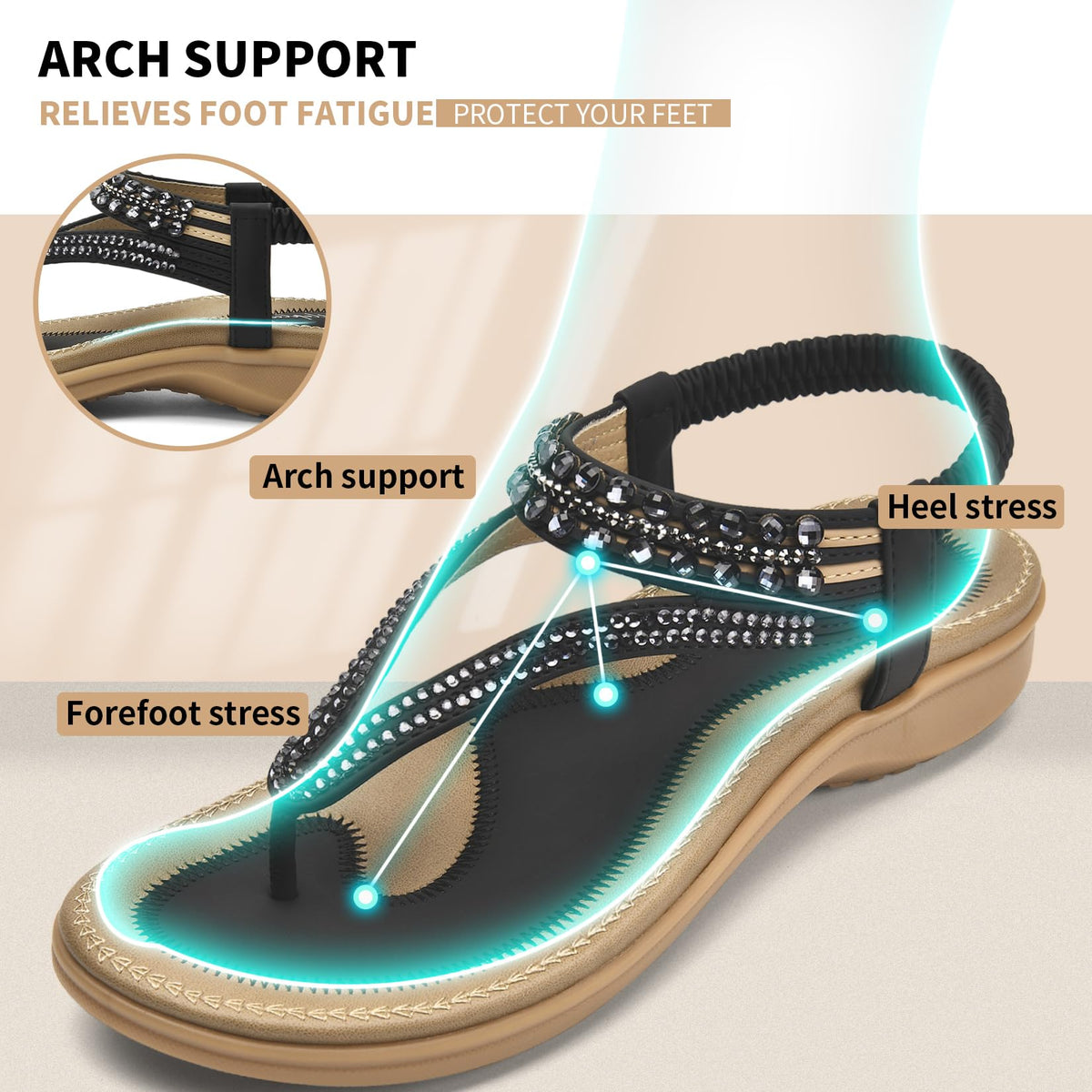 Littleplum Womens Sandals Arch Support Slingback Rhinestone Dressy Sandals Comfort Summer Shoes Ankle Strap Elastic Flats for Beach Walking Elegant Black Size 8