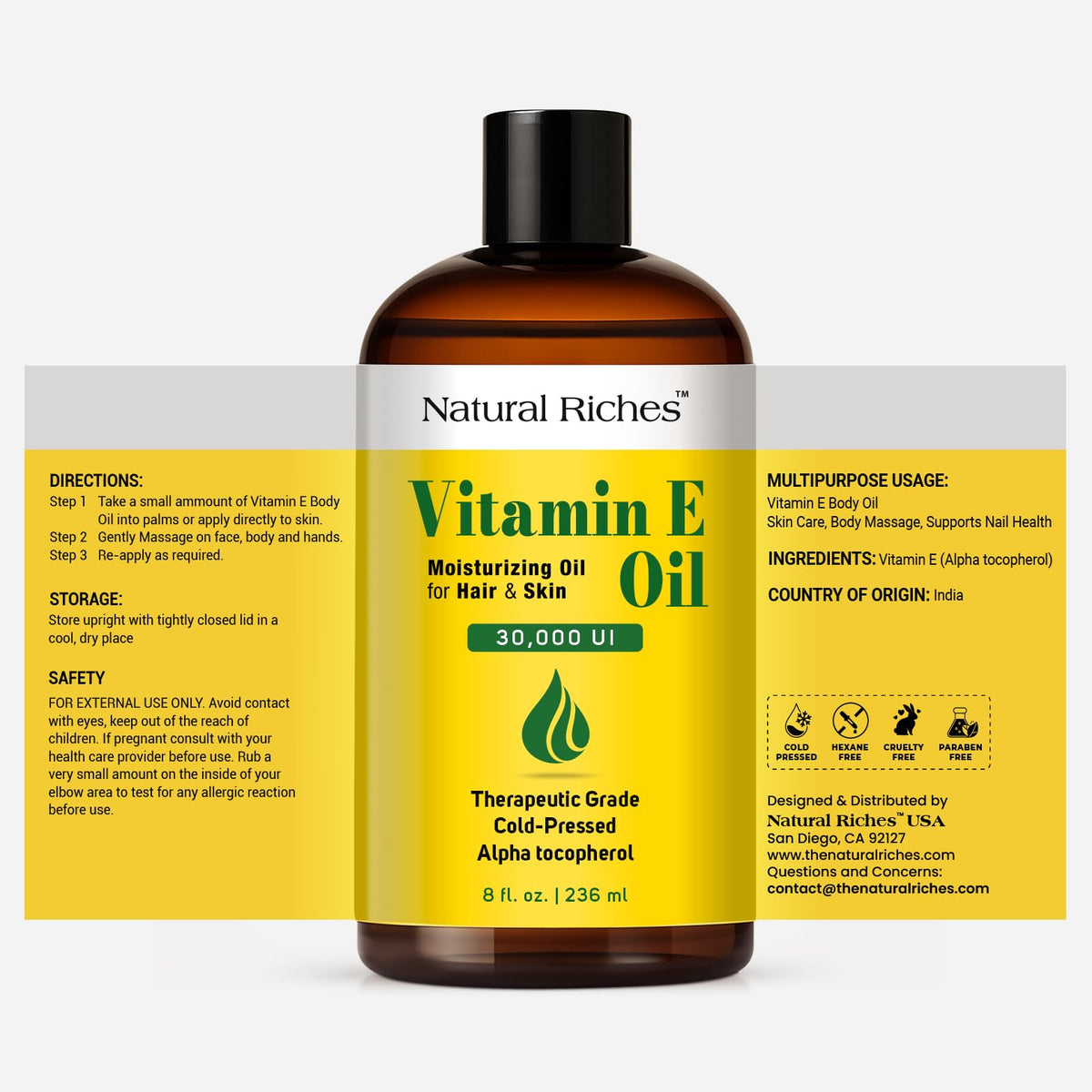 Vitamin E Oil for Skin, Face, Hair & Nails 8 Fl Oz - 30,000 IU