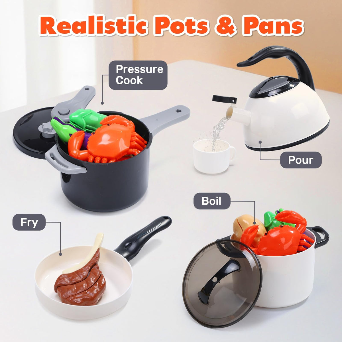HOLYFUN 74PCS Kids Kitchen Accessories with Play Food & Basket