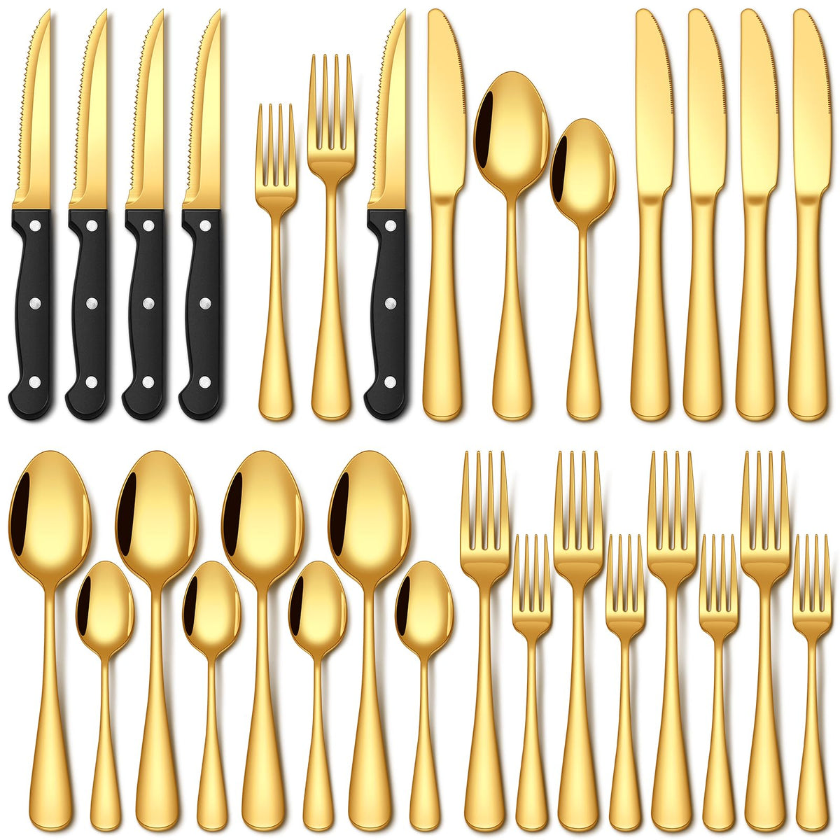 EUIRIO 24 Pcs Gold Silverware Set with Steak Knives Food Grade Stainless Steel Flatware Set for 4 Cutlery Utensil Set Includes Knife Mirror Polished Dishwasher Safe for Home Restaurant