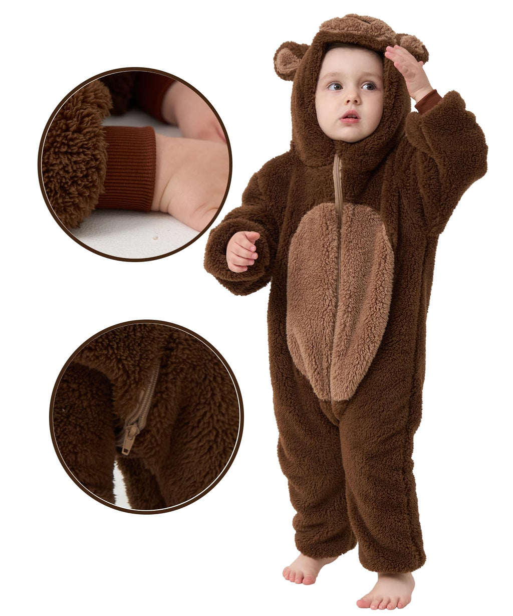 LONULAIN Unisex Baby Animal Costume Pajamas, Infant Flannel Hooded Halloween Romper Cosplay Costume/Homewear/Sleepwear (Bear,24-30 Months)