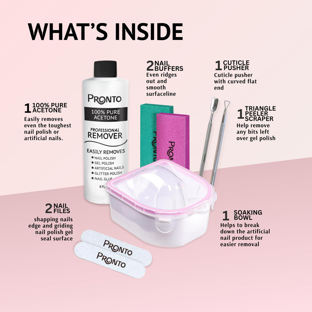 Pronto Gel Nail Polish Remover Kit – 8 Oz Pure Acetone 100 Percent, Nail File & Nail Polish Soak Off Bowl for Nail Care + Manicure Set with Nail Buffer Block, Cuticle Pusher & Nail scraper