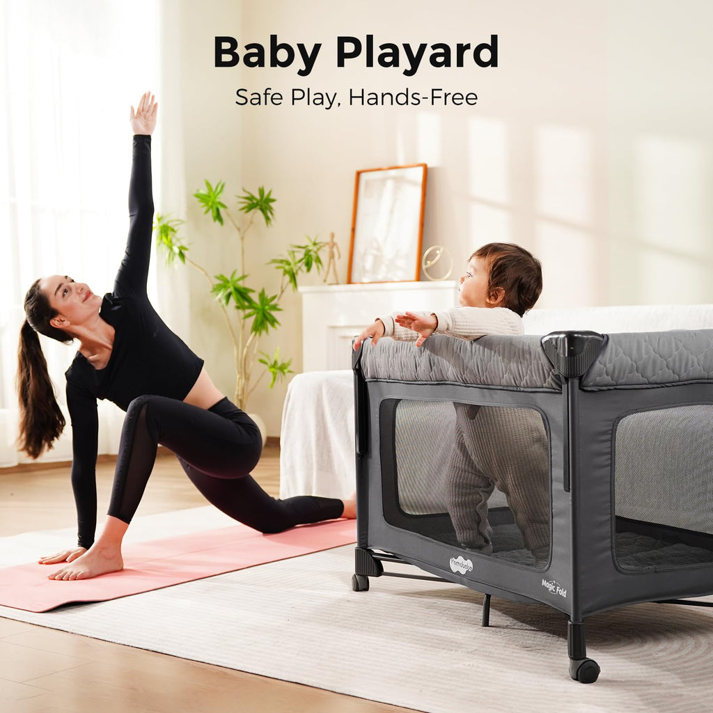Pamo Babe Pack and Play with Bassinet - 7 in 1 One-Step Setup Bedside Crib, Portable Playpen, Travel Crib, Baby Playard with Diaper Changing Station, Toy Bar & Large Storage Bag