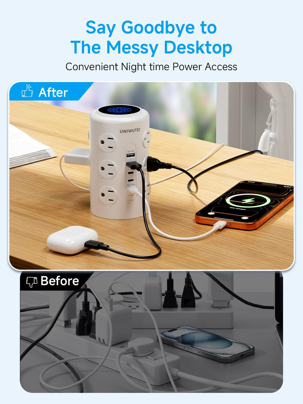 6FT Tower Power Strip with Night Light & Dedicated 20W PD USB‑C Port