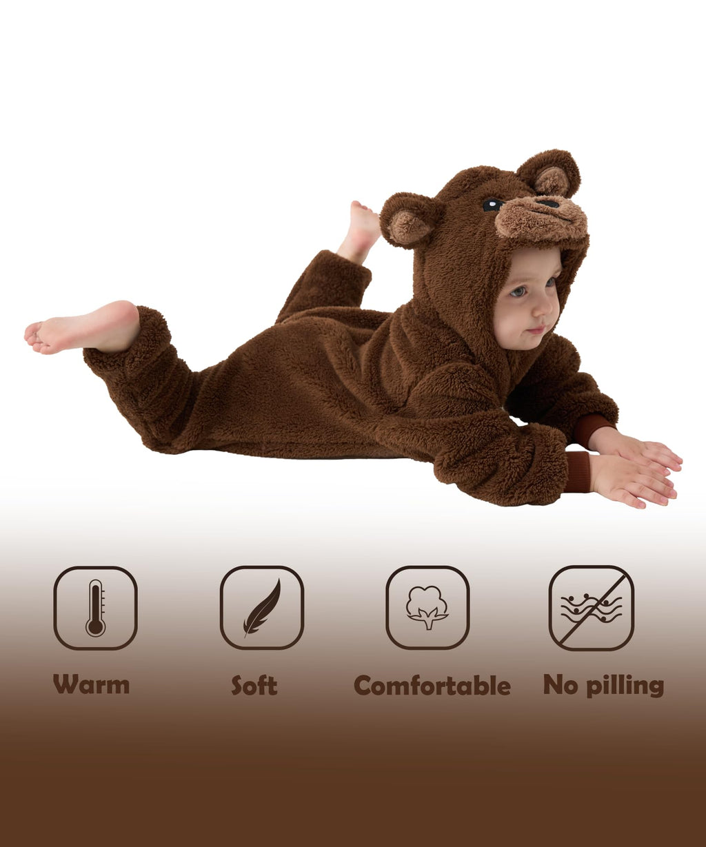 LONULAIN Unisex Baby Animal Costume Pajamas, Infant Flannel Hooded Halloween Romper Cosplay Costume/Homewear/Sleepwear (Bear,24-30 Months)