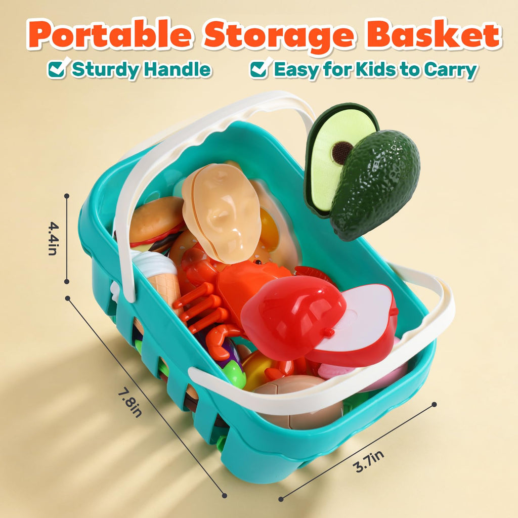 HOLYFUN 74PCS Kids Kitchen Accessories with Play Food & Basket