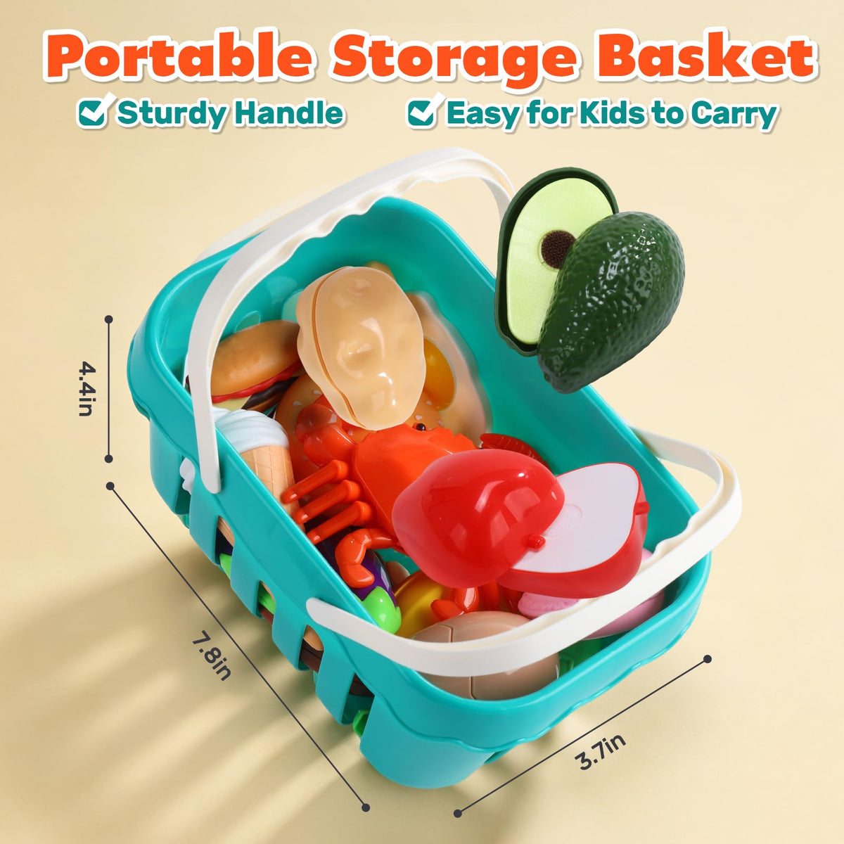 HOLYFUN 74PCS Kids Kitchen Accessories with Play Food & Basket